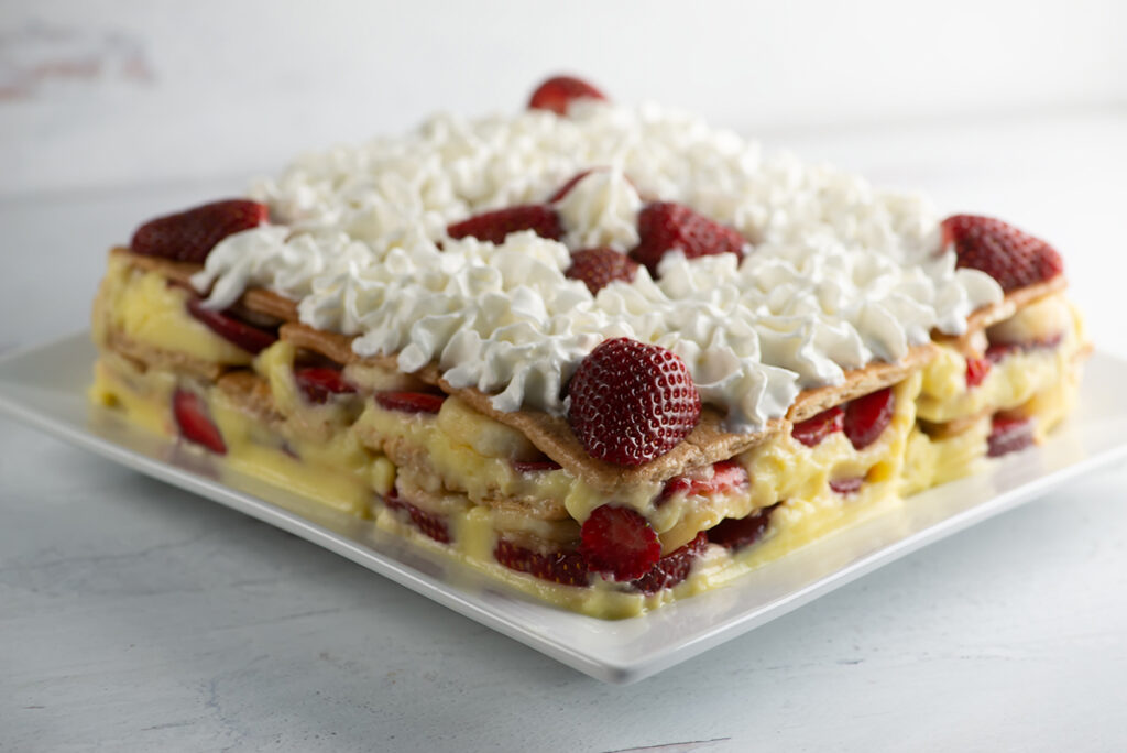 No Bake Strawberry Banana Ice Box Cake on a plate.