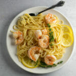 Lemon Shrimp Scampi Pasta on a plate with a fork.