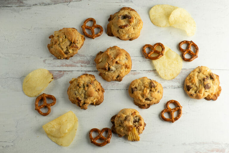 snack attack chocolate chip cookies with pretzels and potato chips