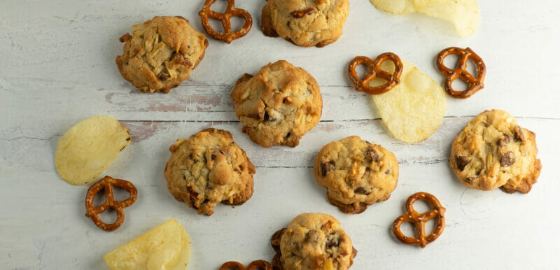 snack attack chocolate chip cookies with pretzels and potato chips