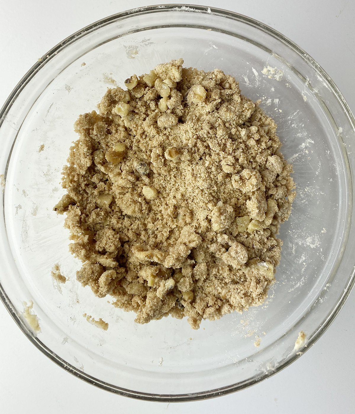 Crumble topping mixture in a bowl.