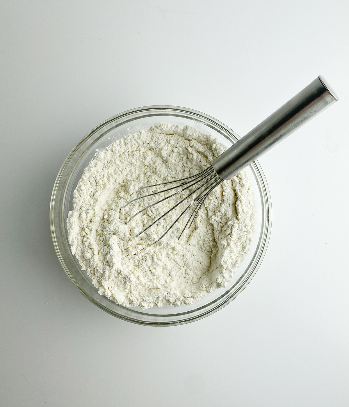 Flour and baking powder mixture in a mixing bowl.
