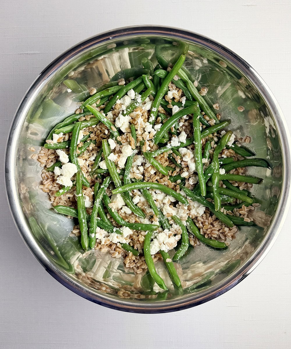 Green bean farro salad in a bowl.
