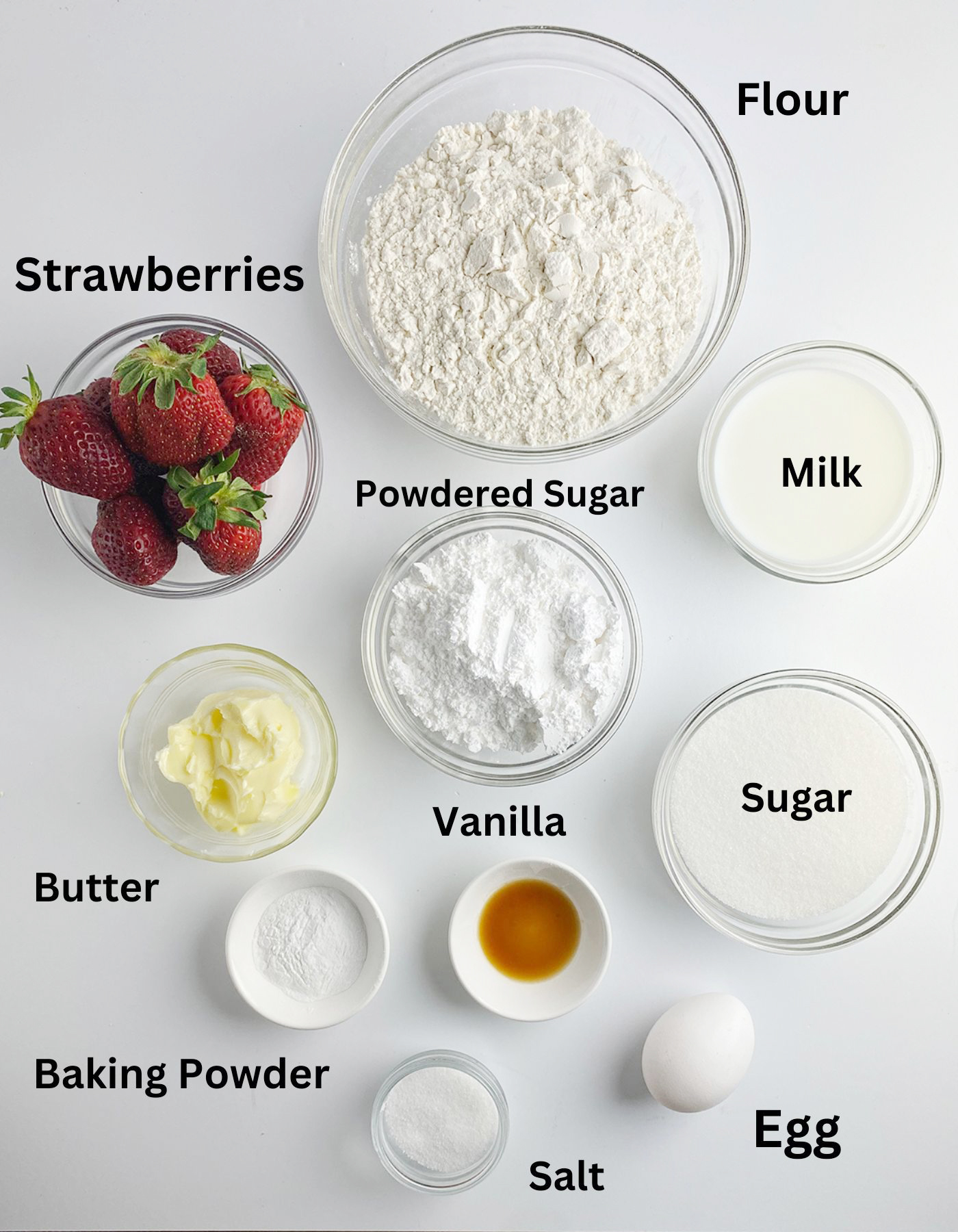 Ingredients needed for glazed strawberry bread.