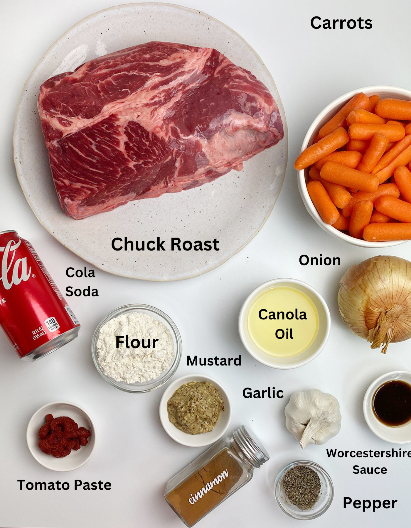 Ingredients for slow cooker coca-cola pot roast on a counter.