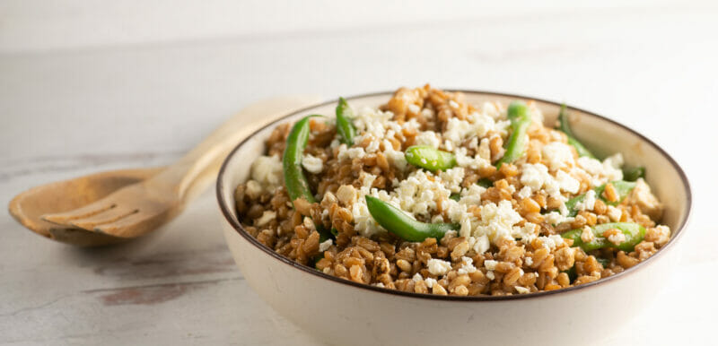 green bean farro salad in bowl