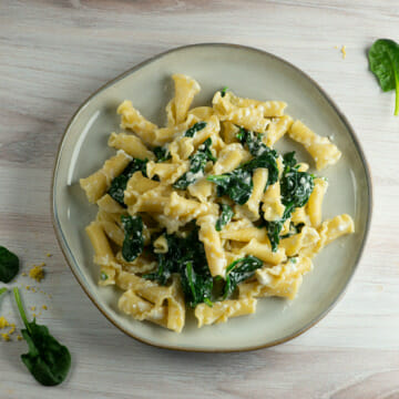 Pasta with lemon ricotta spinach sauce on a plate.