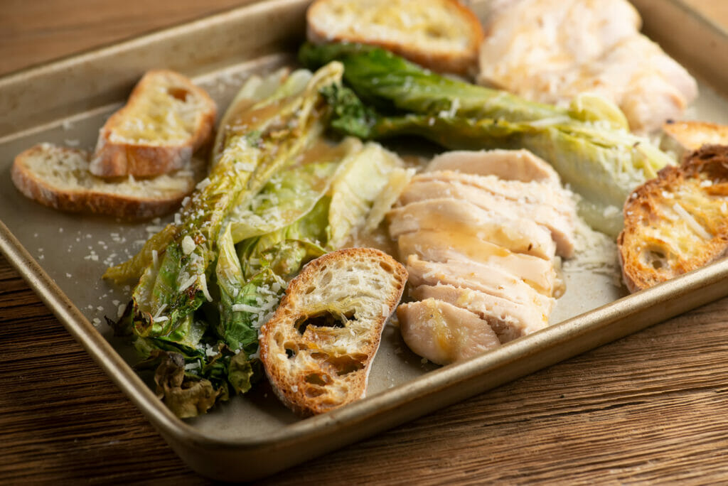 sheet pan chicken caesar salad