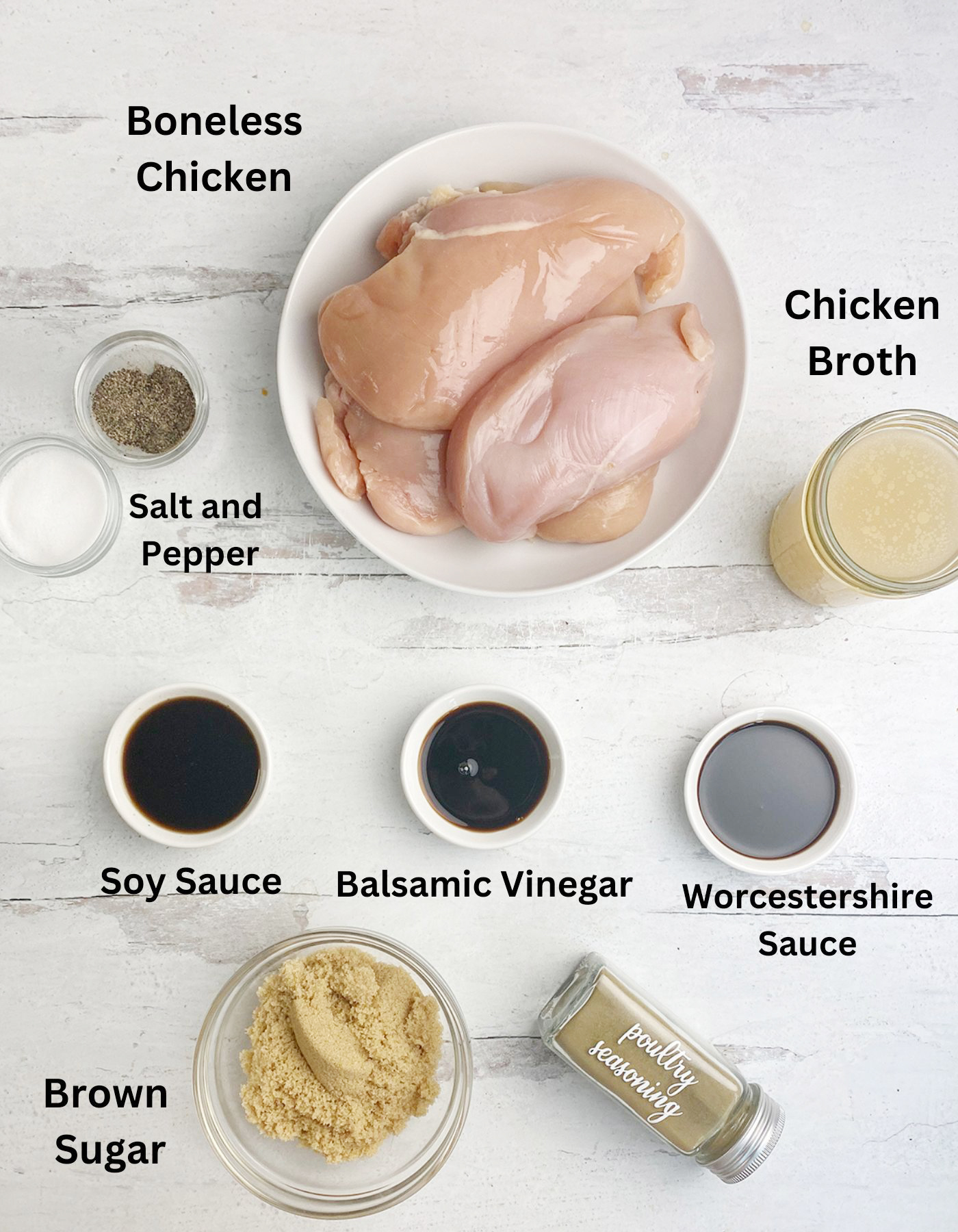 Ingredients for slow cooker brown sugar pulled chicken.