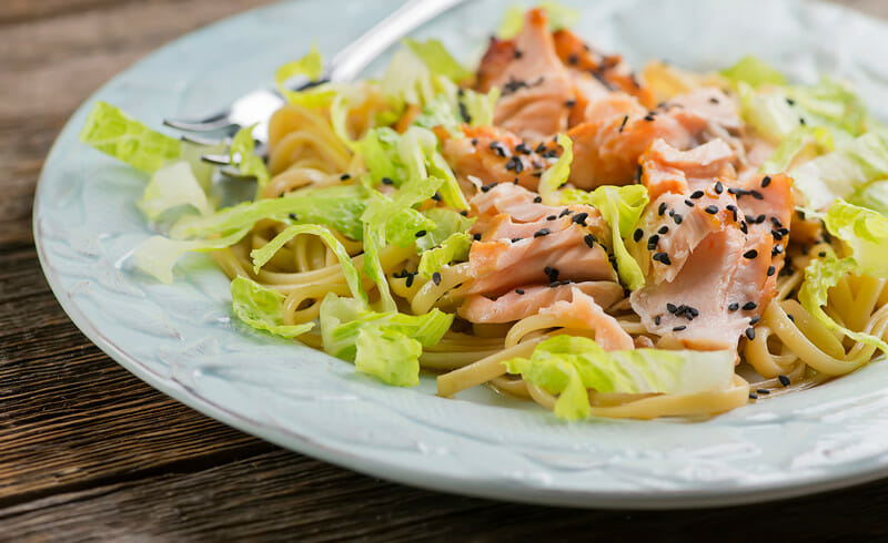 flaked salmon with sesame noodles