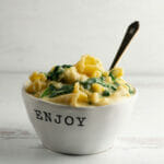 Odds and Ends Macaroni and Cheese in a bowl with a spoon.