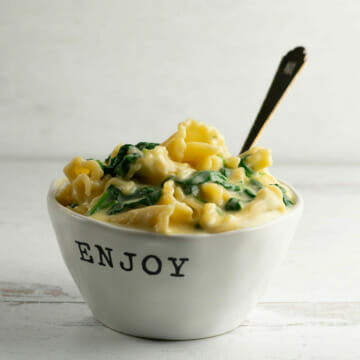 Odds and Ends Macaroni and Cheese in a bowl with a spoon.