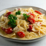 One pot tomato parmesan pasta on a plate.