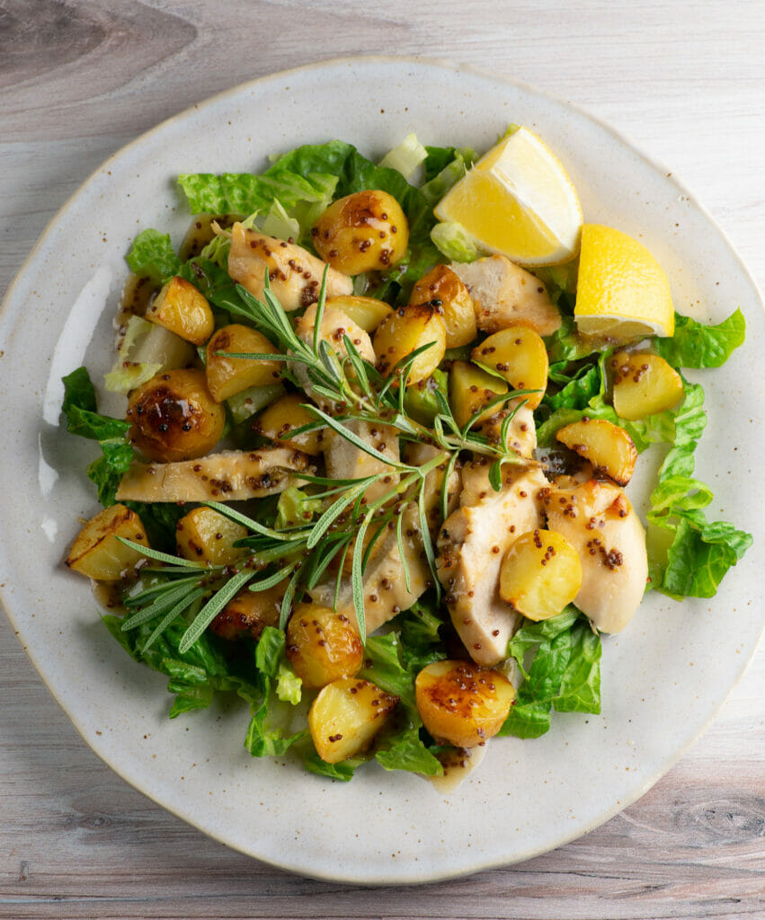 sheet pan honey mustard chicken and potato salad with rosemary