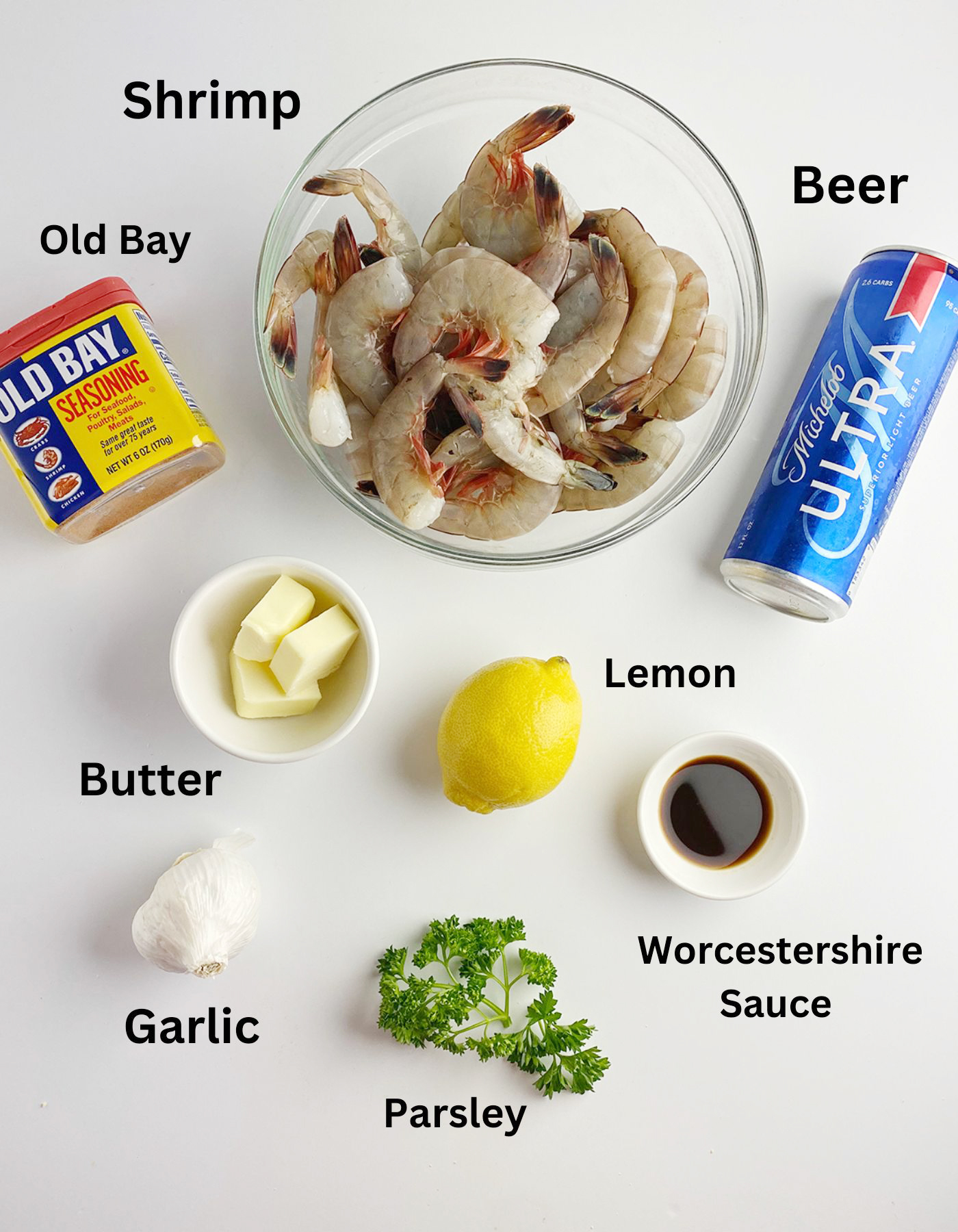 Ingredients needed for shrimp cooked in beer.