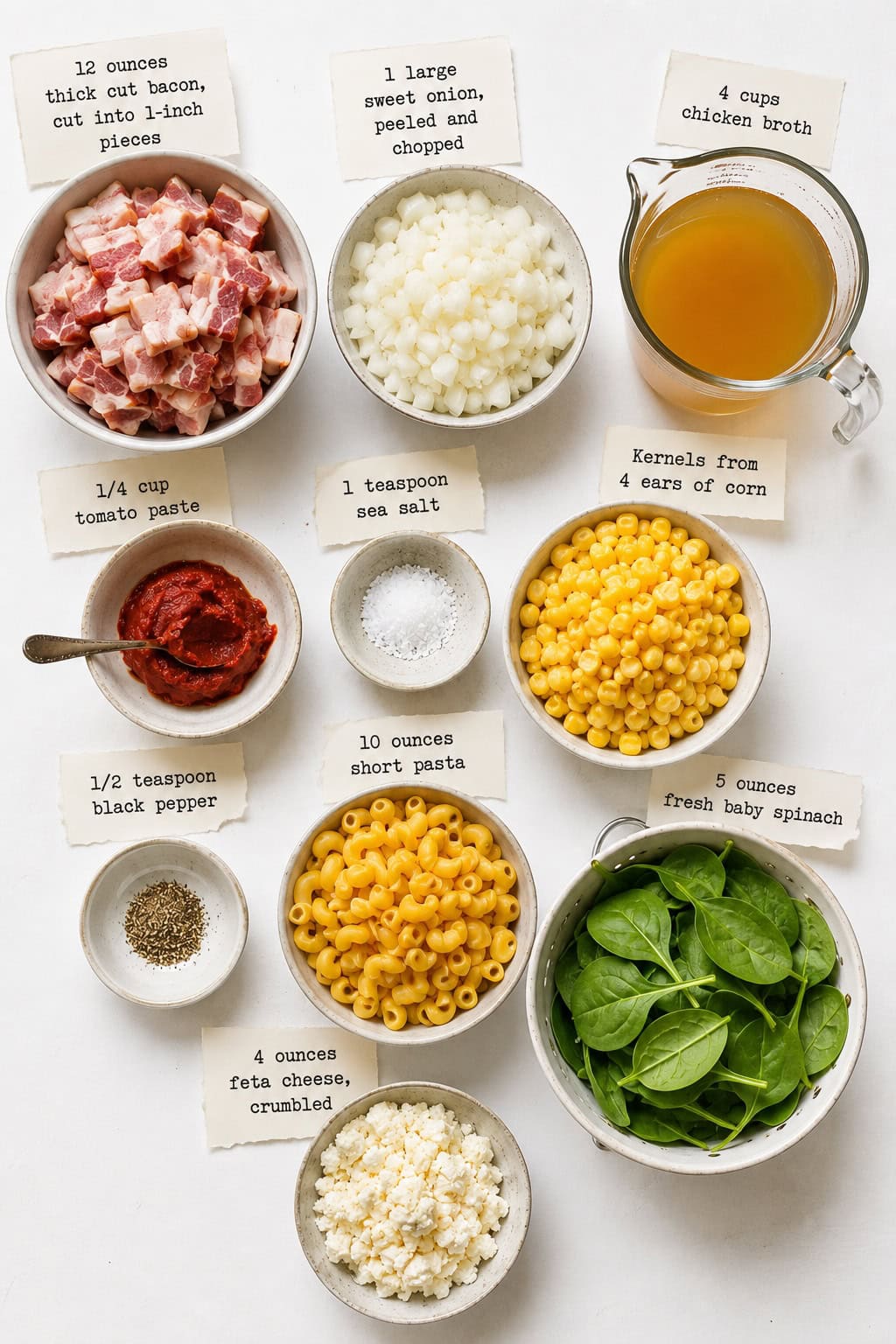 Bacon pasta primavera ingredients.