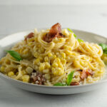 Easy Corn Pasta Carbonara on a plate.