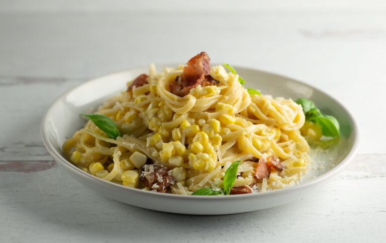 Easy Corn Pasta Carbonara on a plate.