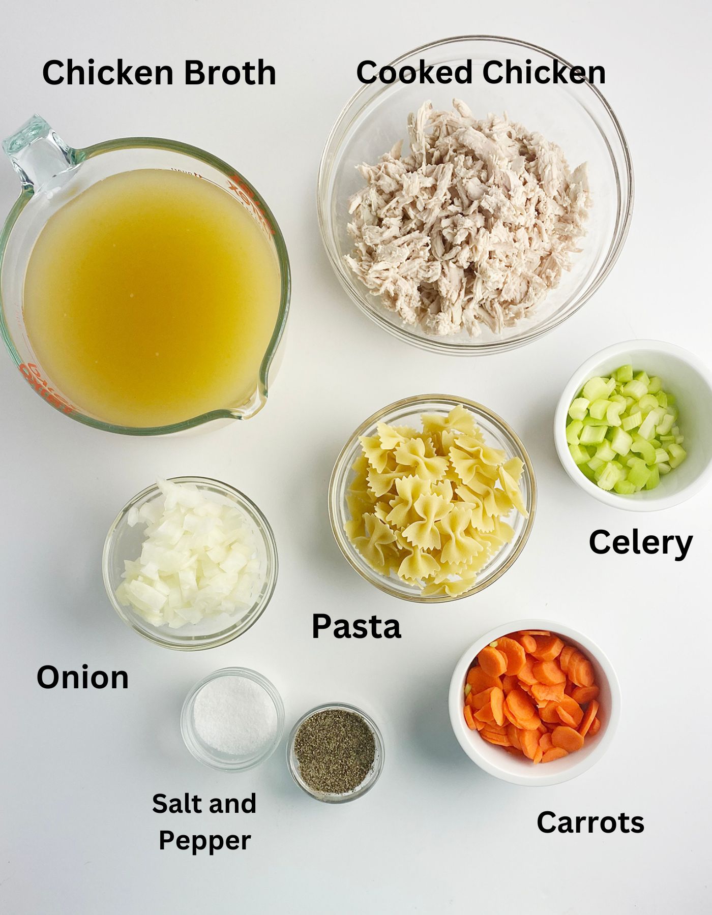 Ingredients needed for quick and easy chicken noodle soup.