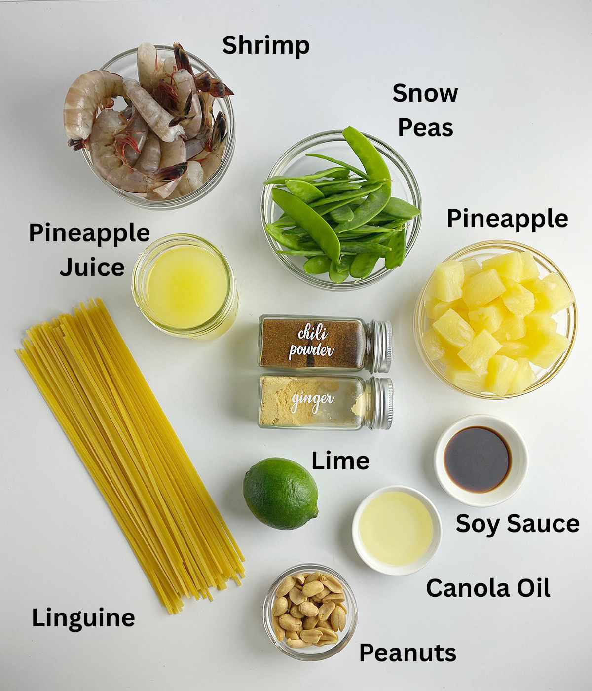 Ingredients needed for pineapple shrimp pasta.