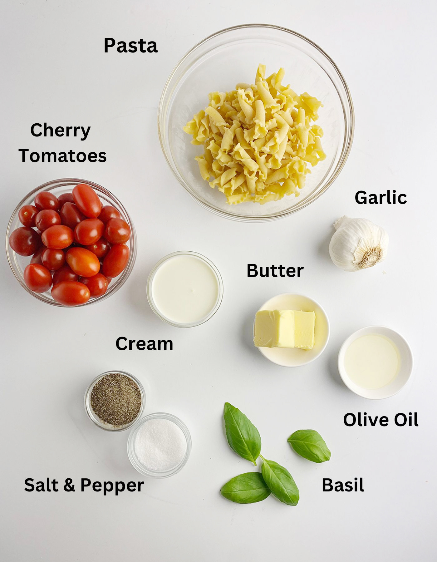 Ingredients needed for Fresh Tomato Basil Pasta.