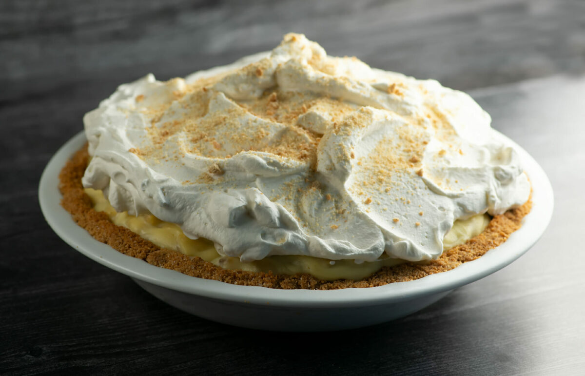 Easy banana cream pie on a counter.
