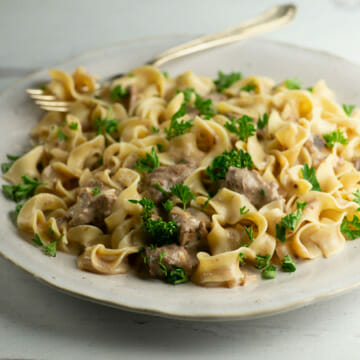 Easy slow cooker beef stroganoff on a plate.