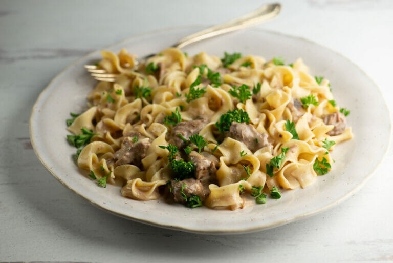 Easy slow cooker beef stroganoff on a plate.