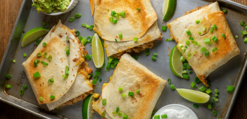 sheet pan beef nacho quesadillas