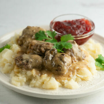Swedish meatballs over mashed potatoes.