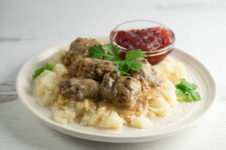 Swedish meatballs over mashed potatoes.