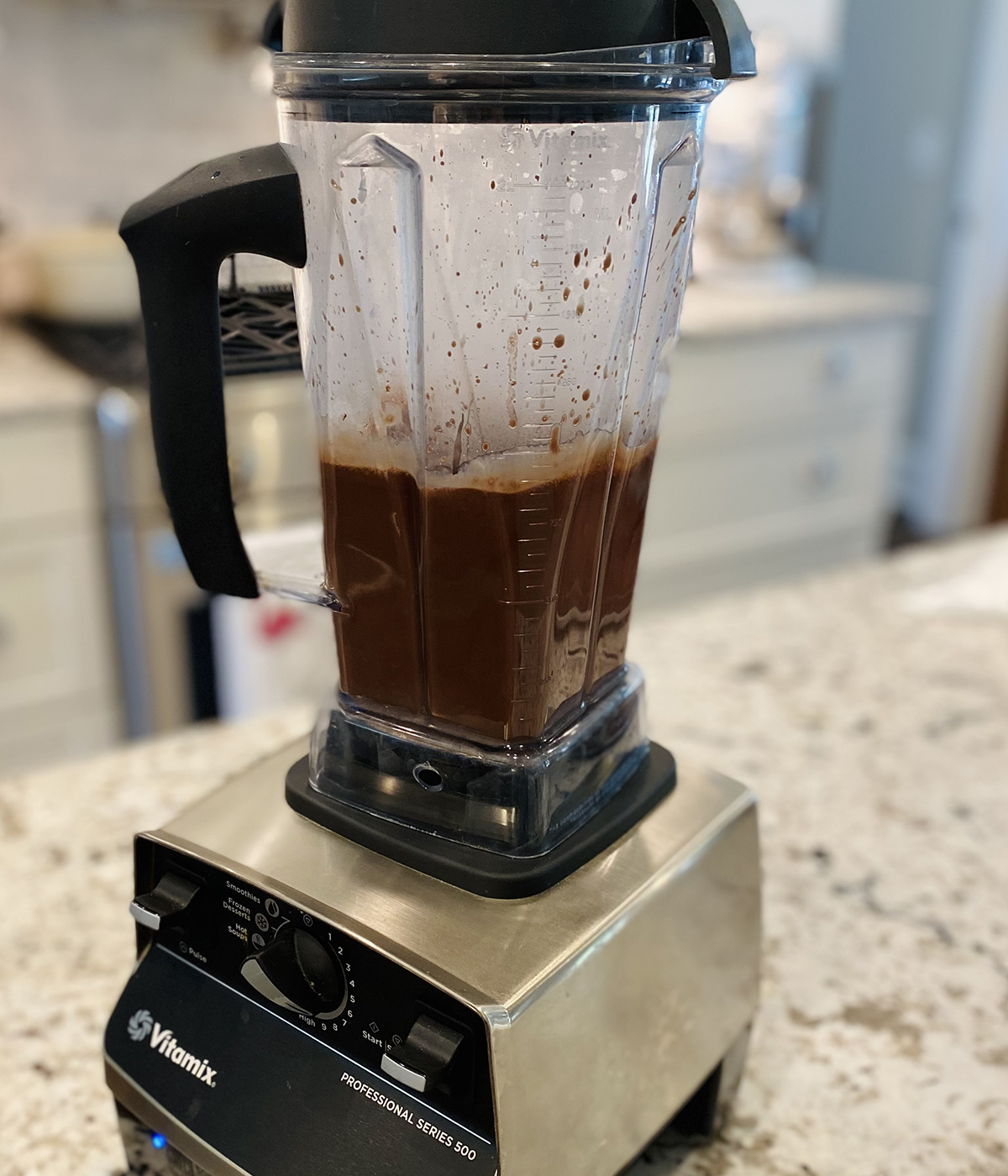 Chocolate mousse mixture in a blender.