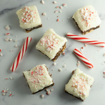 Best peppermint brownies on a marble counter.