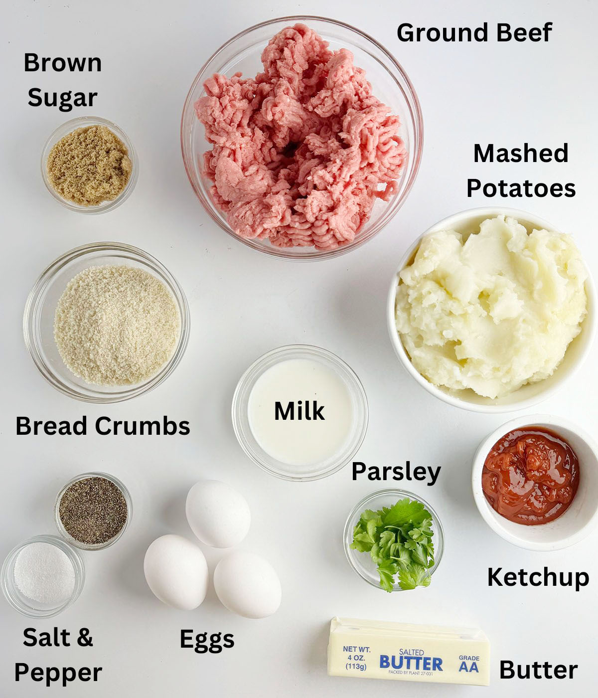Ingredients needed for mashed potato meatloaf.