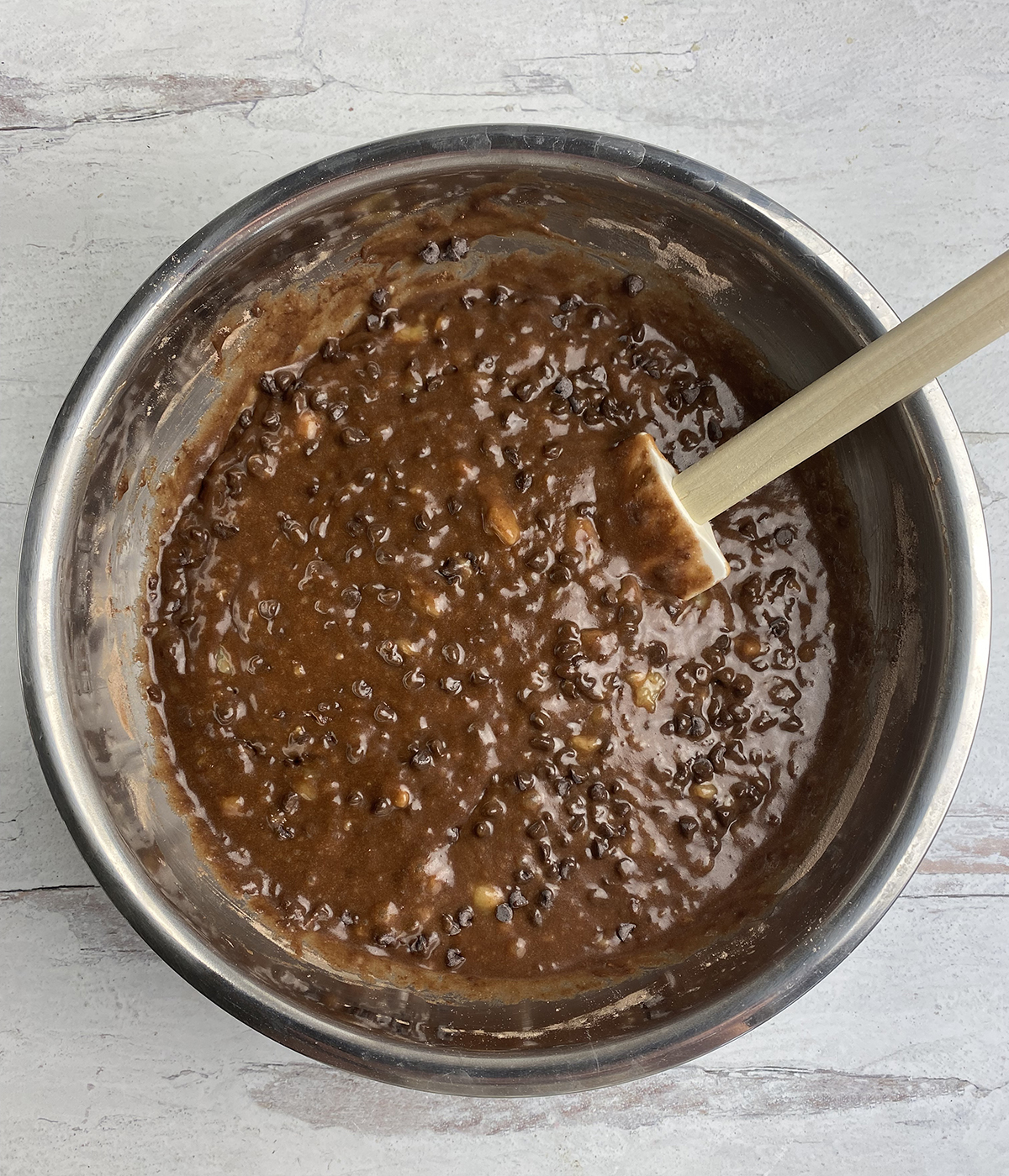 Banana brownie batter ready for the oven.