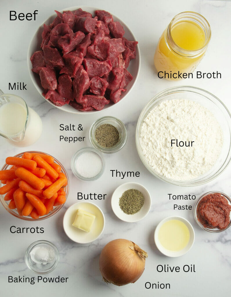 Beef Dumpling Stew Ingredients on a marble counter.