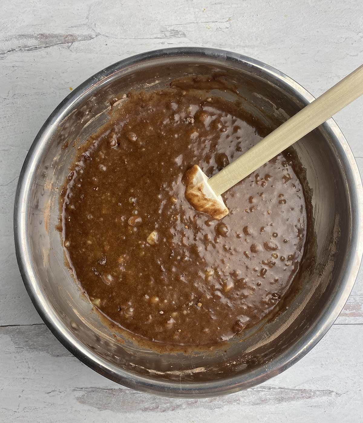 Brownie batter in a mixing bowl.