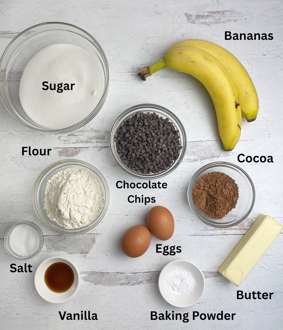 Ingredients needed to make banana brownies.