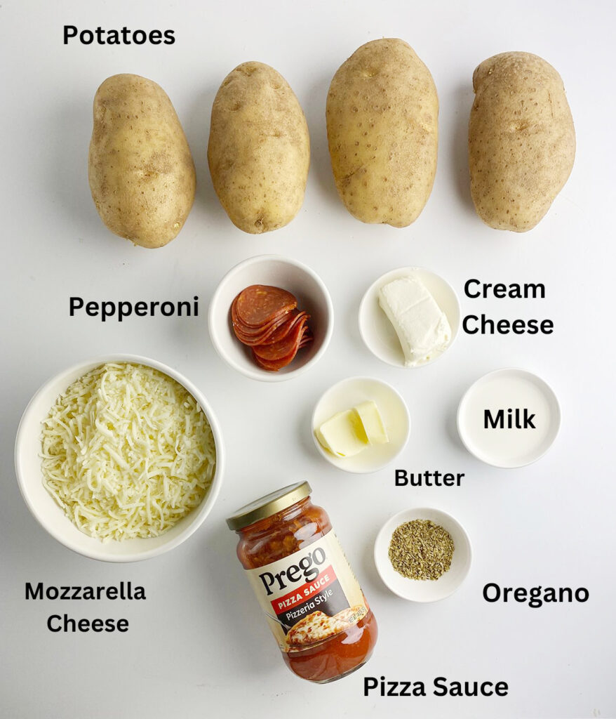 Ingredients needed for pizza baked potatoes.