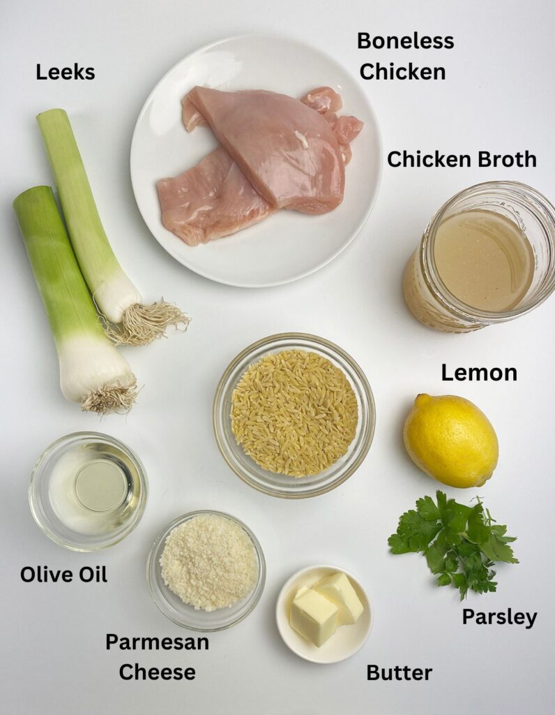Ingredients for one skillet lemon chicken orzo on a counter.