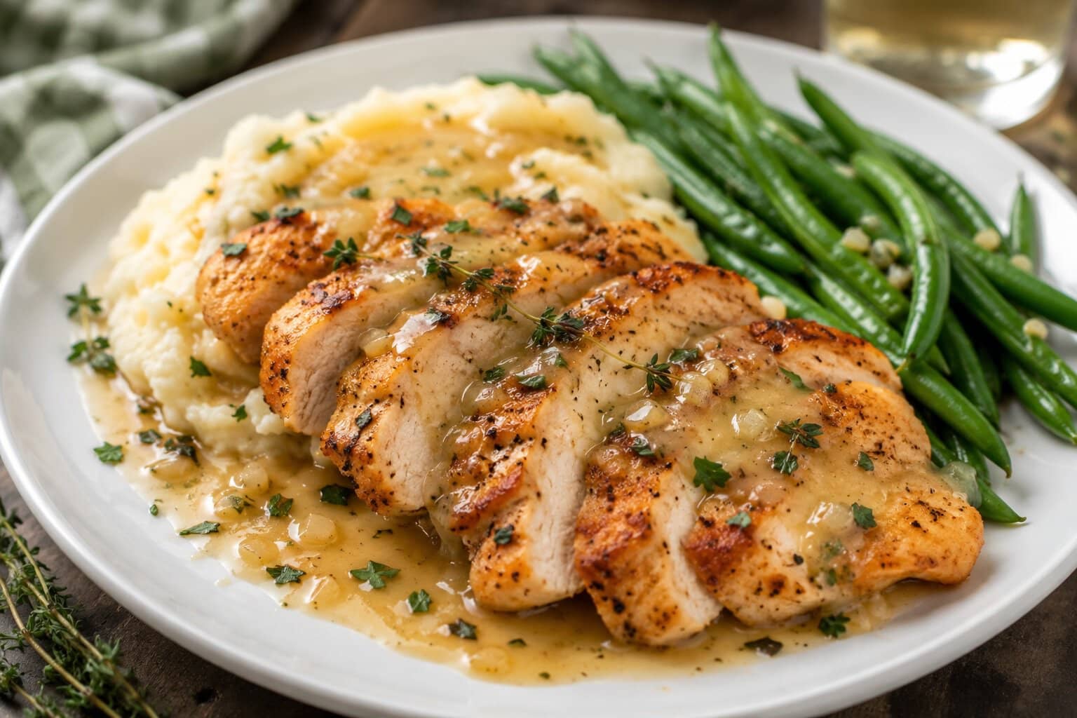 Chicken with white wine sauce on a plate.