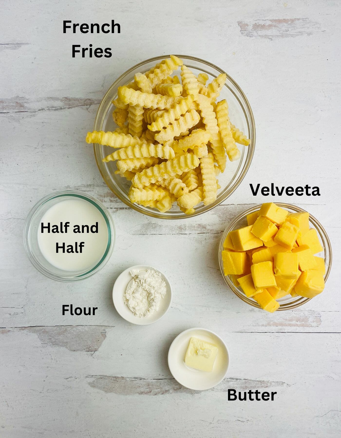 Ingredients needed to make cheese fries.