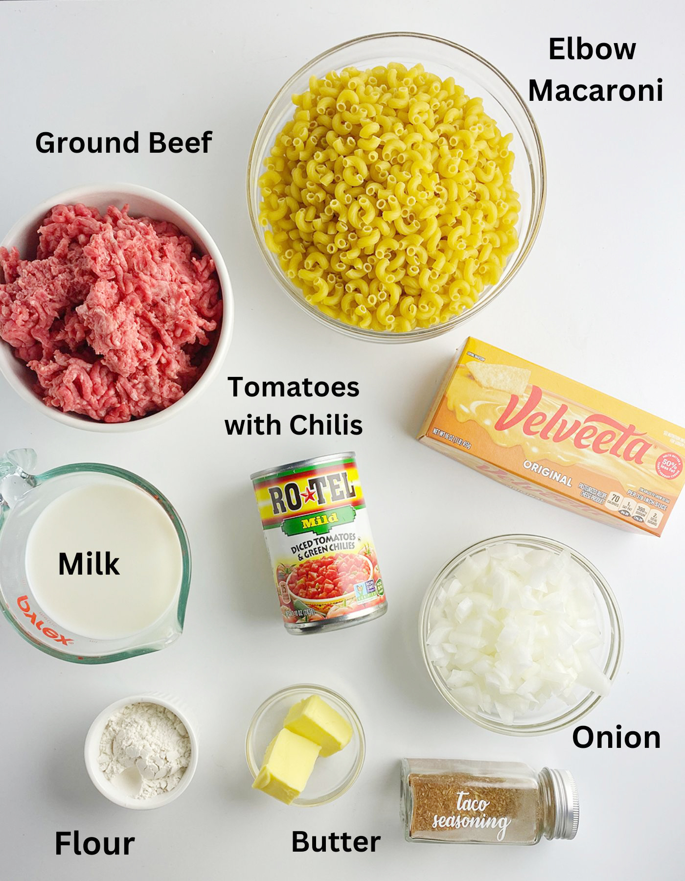 Taco macaroni and cheese ingredients.