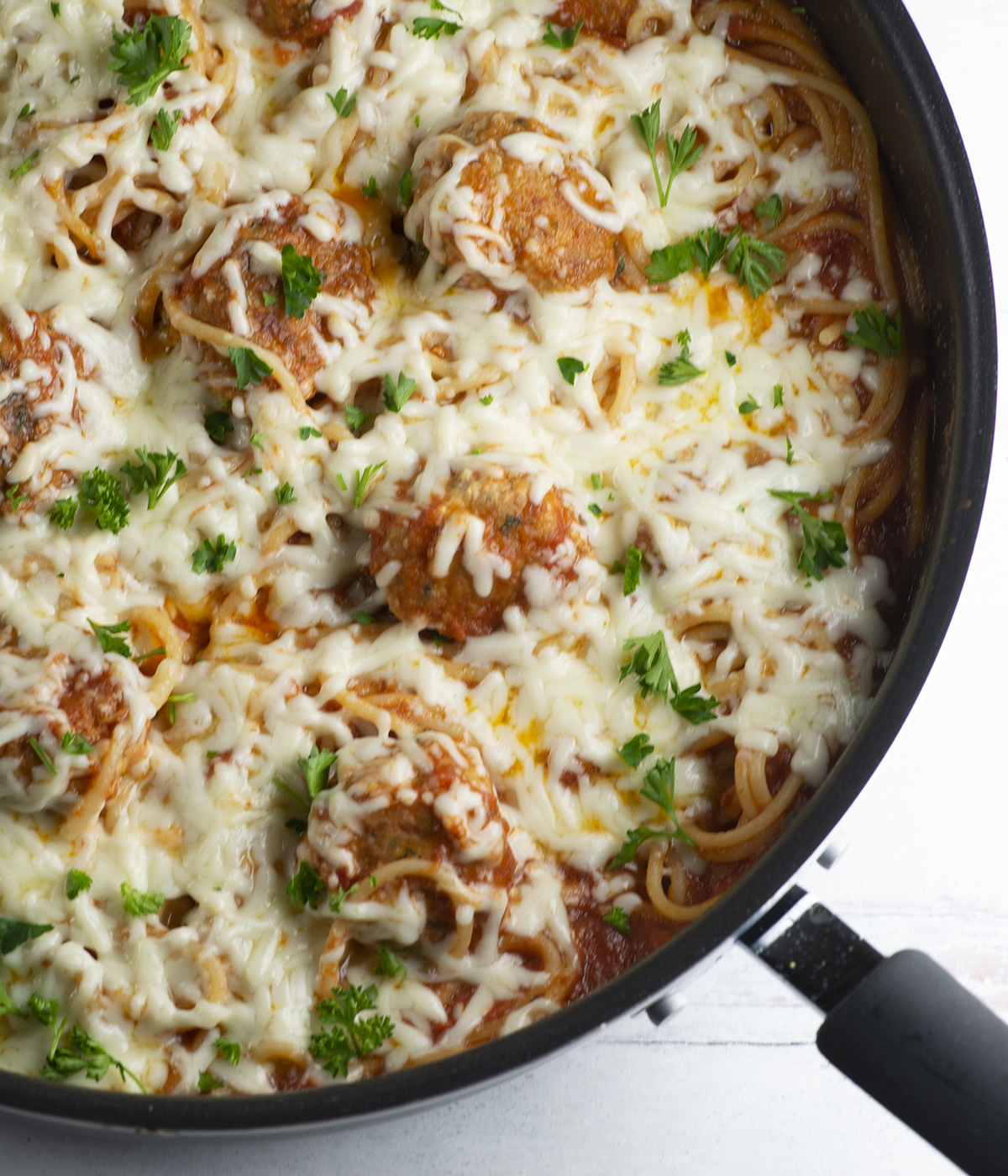 Chicken parm pasta in a skillet.