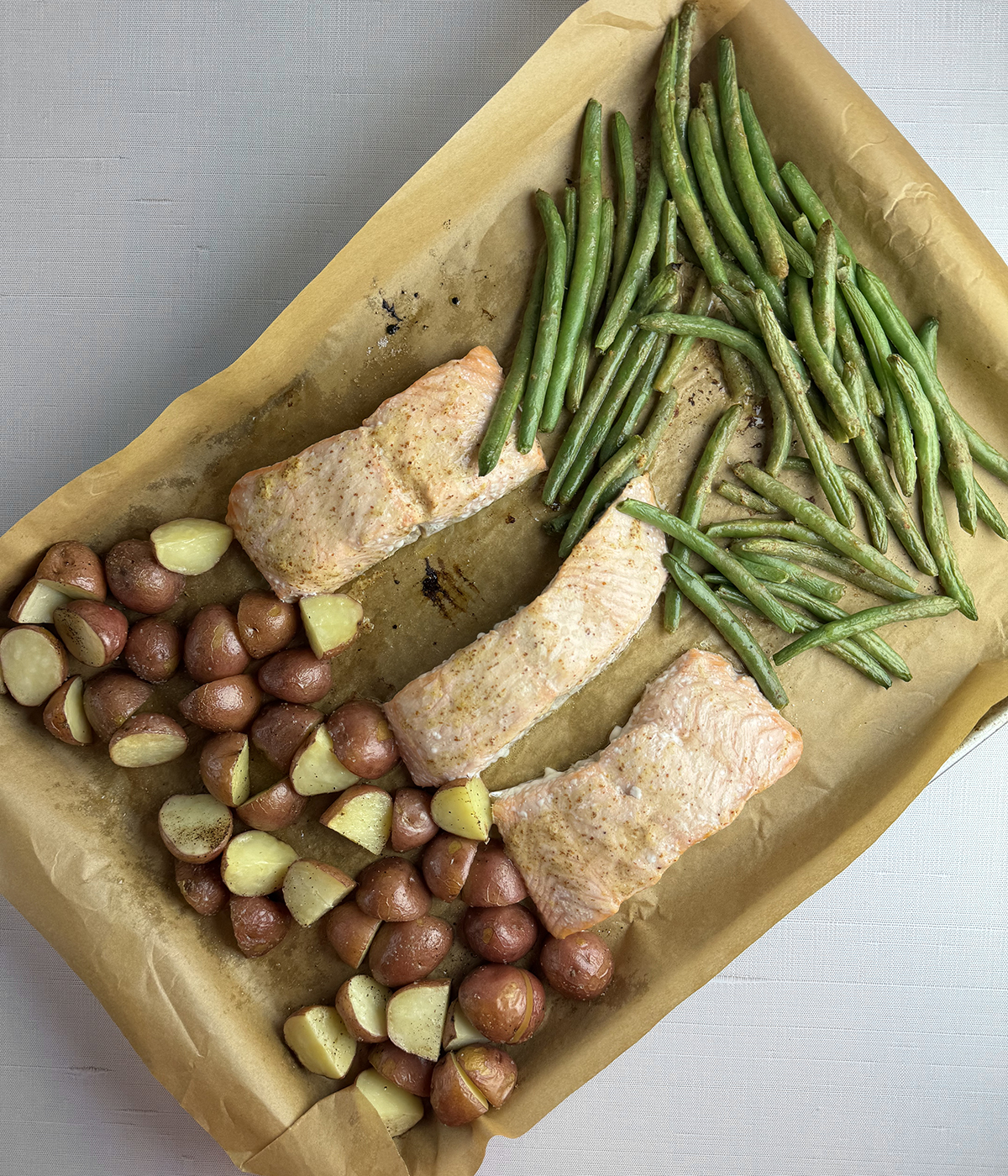 Roasted salmon sheet pan dinner.