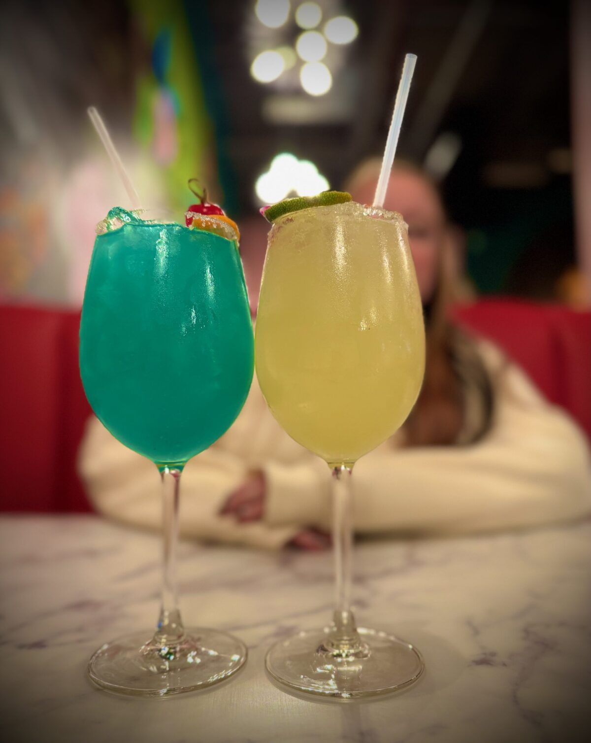 Two colorful margaritas.