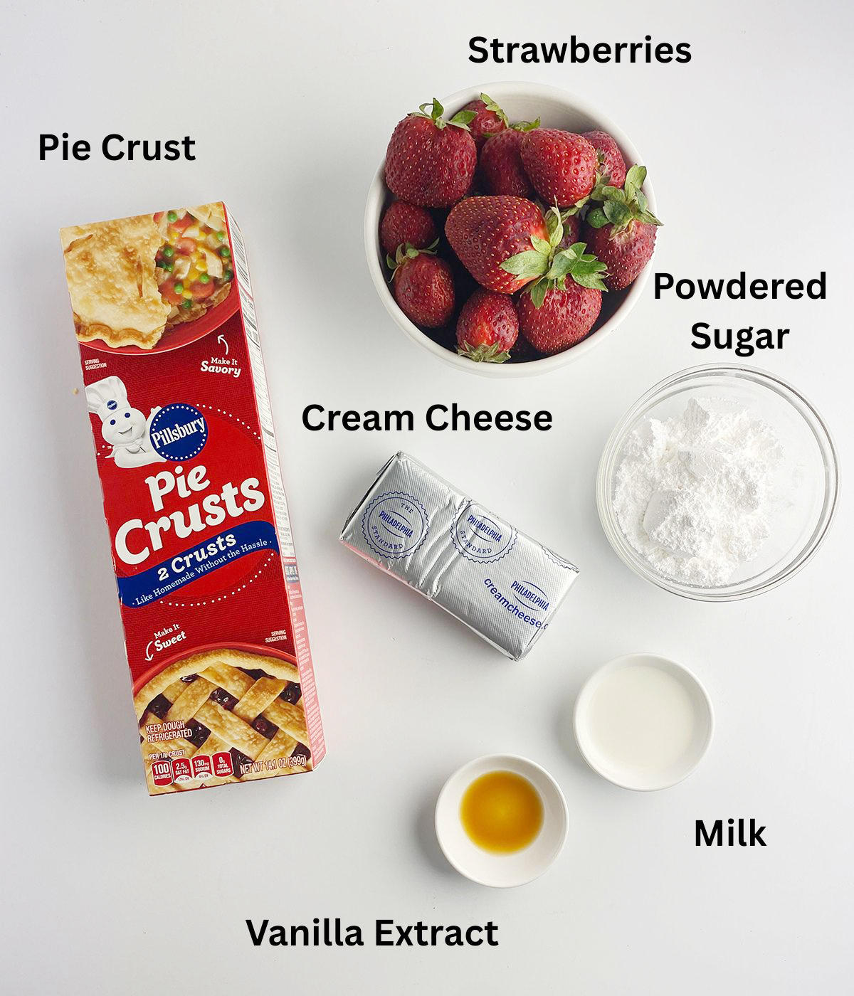 Ingredients needed for a strawberry cheesecake tart.