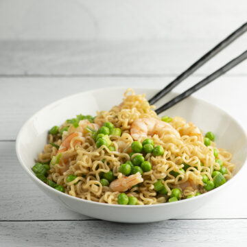 Sesame shrimp ramen in a bowl.