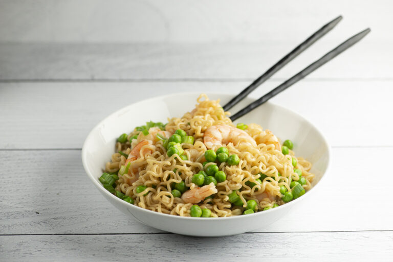Sesame shrimp ramen in a bowl.