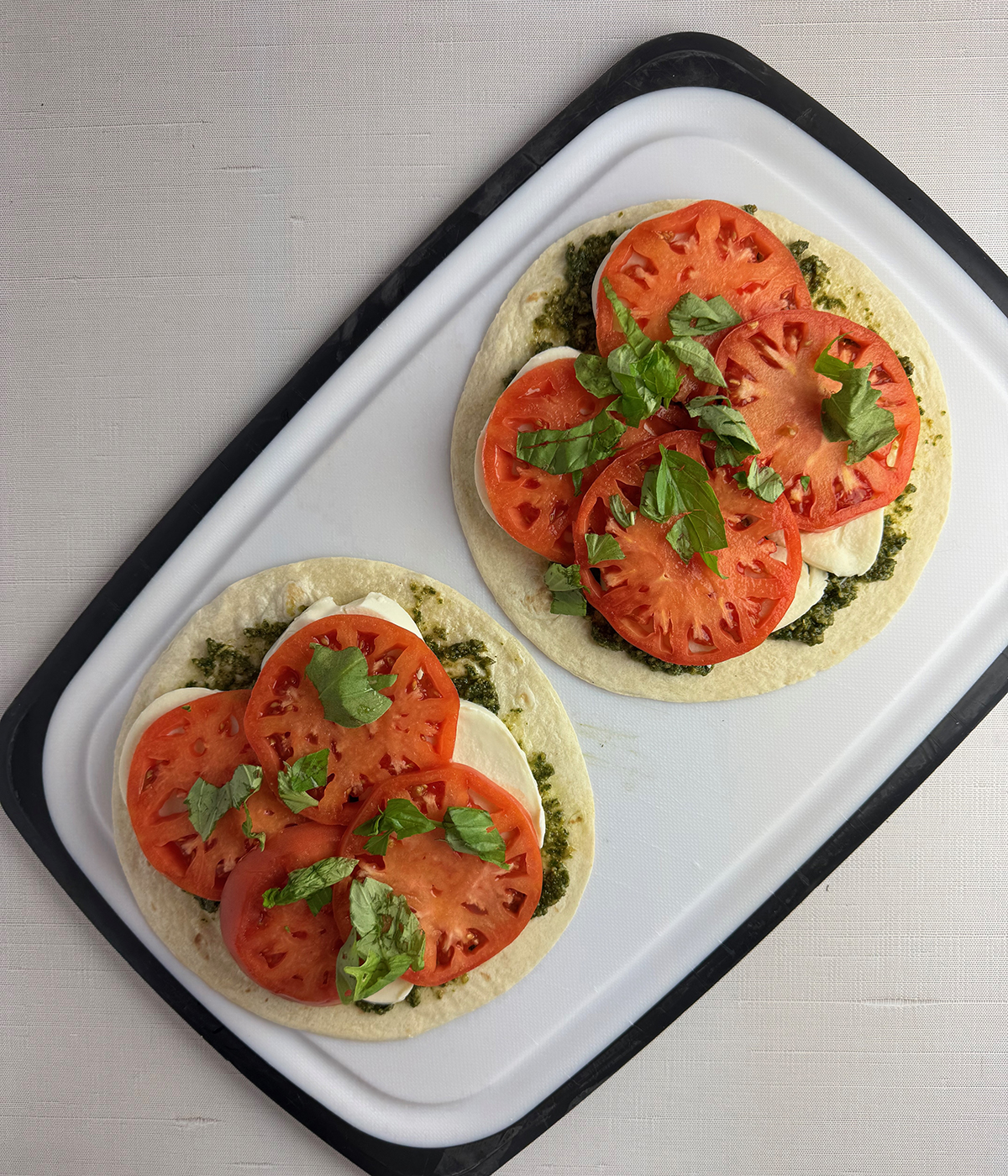Caprese quesadillas ready to be cooked.